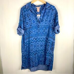 Philosophy Tencel Aztec Print Chambray Popover Mini Dress Denim Size Large (NWT)